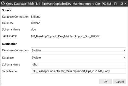 Copy Database Table showing source and editiable fields for destination